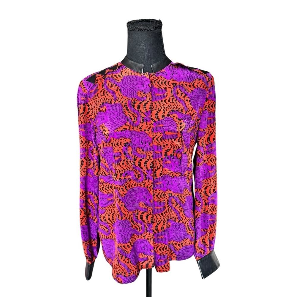 Kelly Wearstler Silk Leopard Blouse Lamb Leather Collar Statement Top Size 4 P54